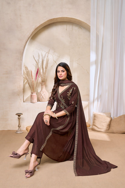 Anaita Coffee Anarkali Readymade Suit with Embroidery Work