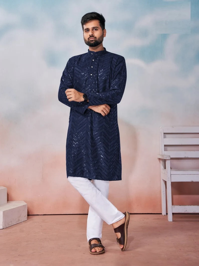Heavy Rayon Chikan Work Kurta Pajama Combo For Men's
