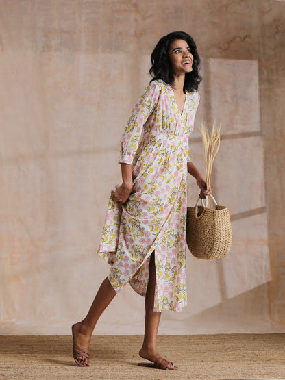 trueBrowns Pink Yellow Floral On White Block Print Cotton Wrap Dress | Relove