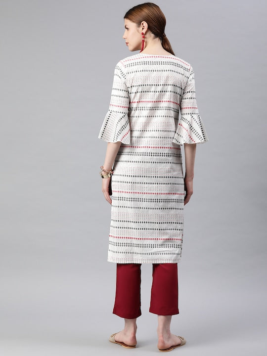 Anubhutee Women White & Black Striped Straight Kurta