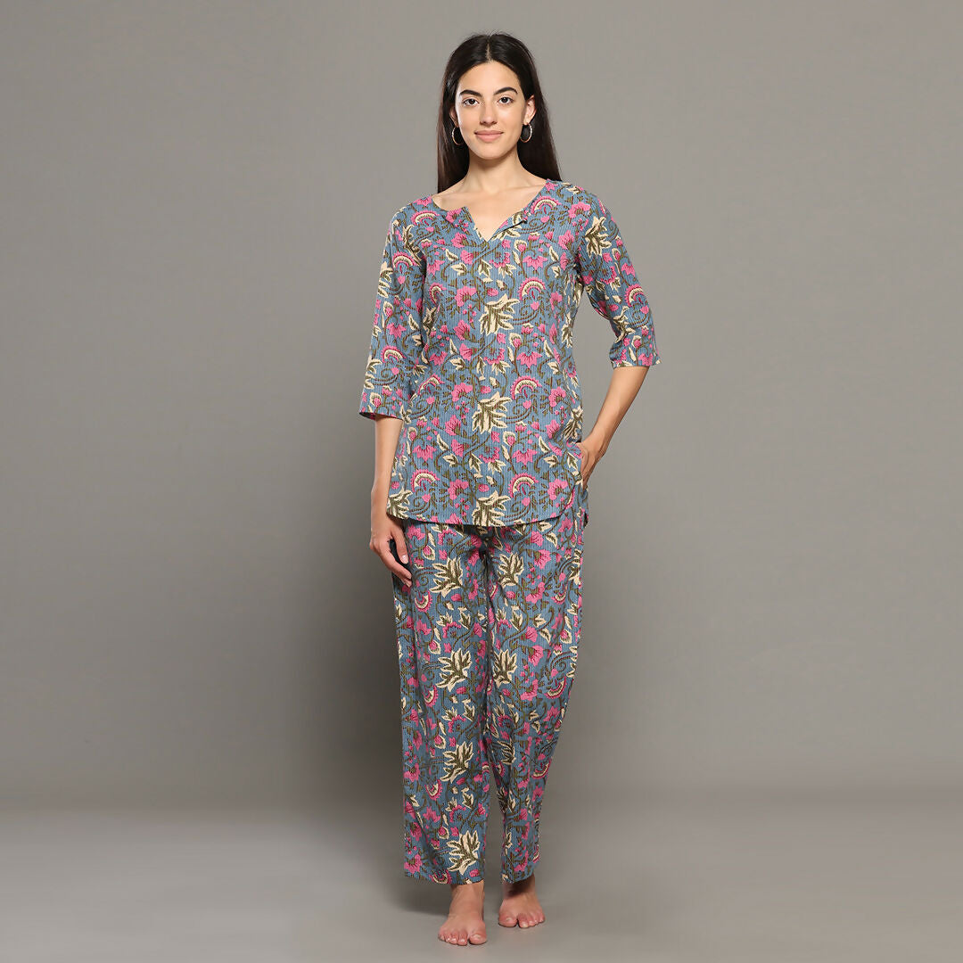 Breathables Women Cotton Printed Loungewear Kurta And Pants Co-Ord Set Grey I Night Wear | Floral Print