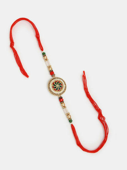 NVR Women & Men Set of 2 Gold-Toned Stone-Studded & Beaded Bhaiya Bhabi Rakhi With Roli Chawal & Chocolate