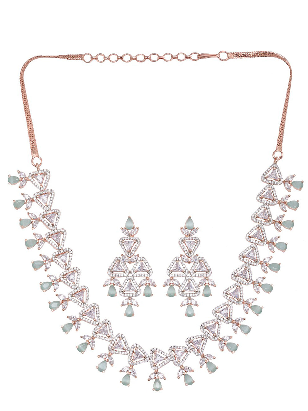 Saraf RS Jewellery Rose Gold-Polished White & Sea Green AD-Studded Handcrafted Jewellery Set