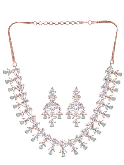 Saraf RS Jewellery Rose Gold-Polished White & Sea Green AD-Studded Handcrafted Jewellery Set