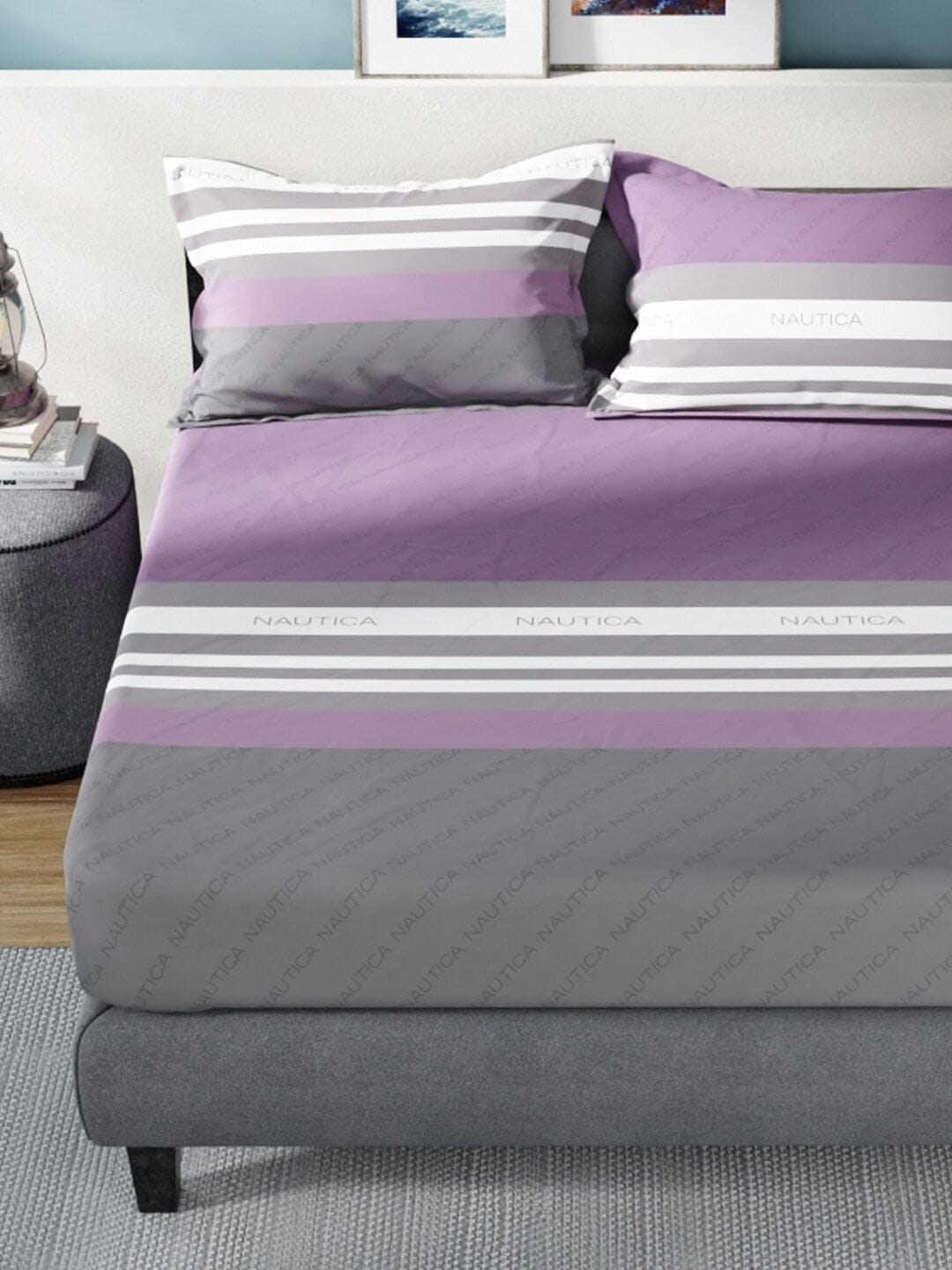 Nautica Bradford Purple & Grey Striped 160 TC Pure Cotton King Bedsheet & 2 Pillow Covers