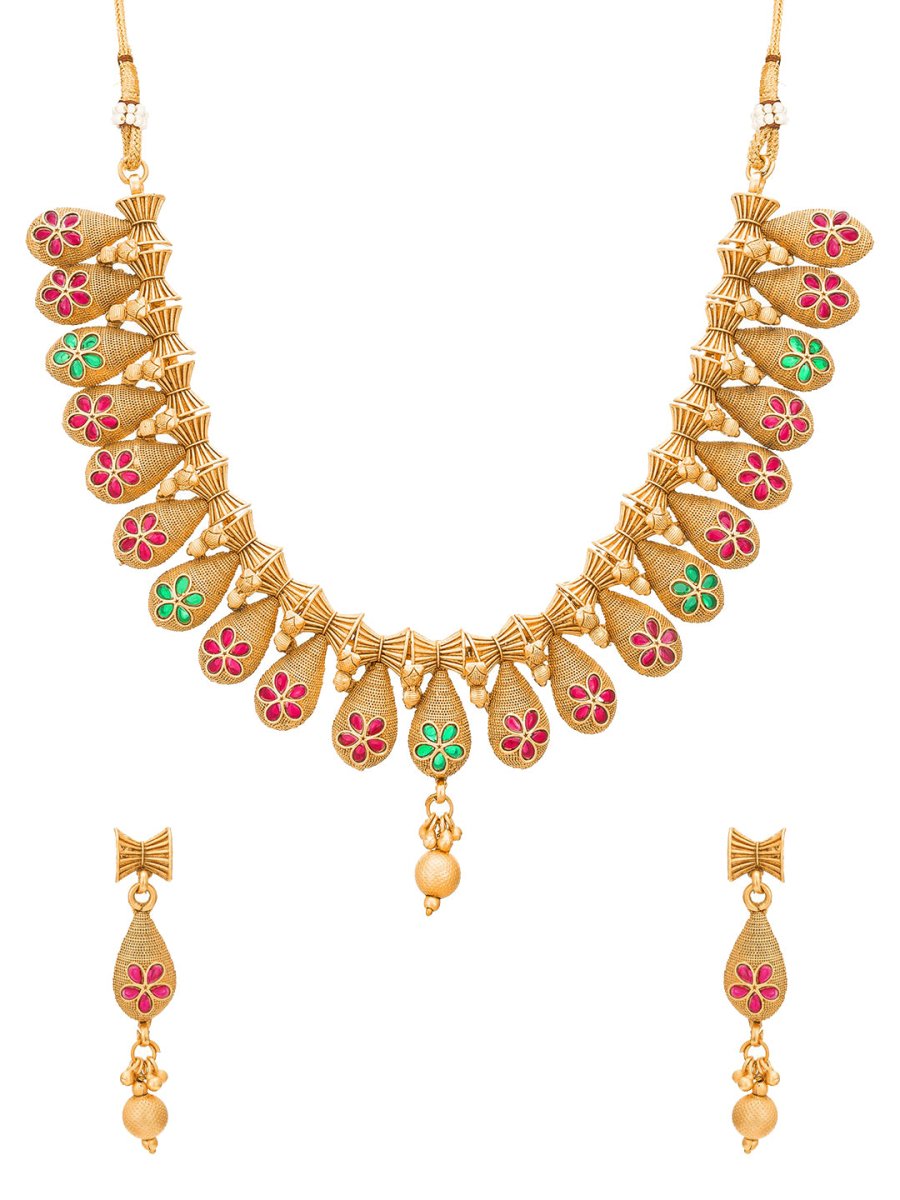 Aadita Gold-Polished Temple Choker Ruby Jewellery Set