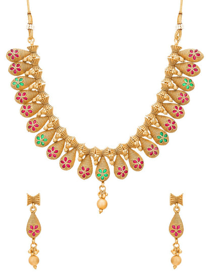 Aadita Gold-Polished Temple Choker Ruby Jewellery Set