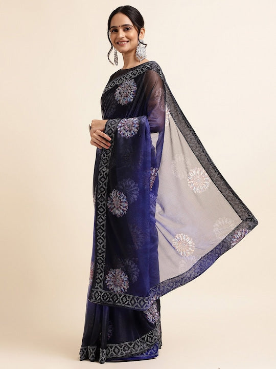 Fabmora Satin Ethnic Motifs Embellished Embroidered Lycra Designer Saree