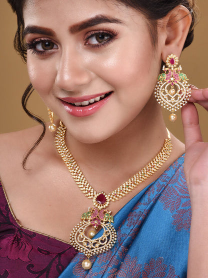 Saraf RS Jewellery Gold-Polished Green & Pink American Diamond Studded & Beaded Handcrafted Jewellery Set