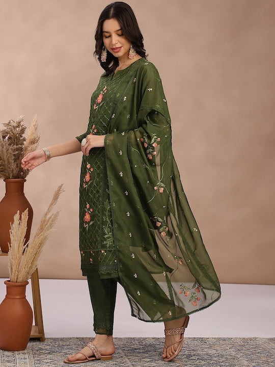 Fabmora Women Floral Embroidered Regular Kurta with Trousers & With Dupatta