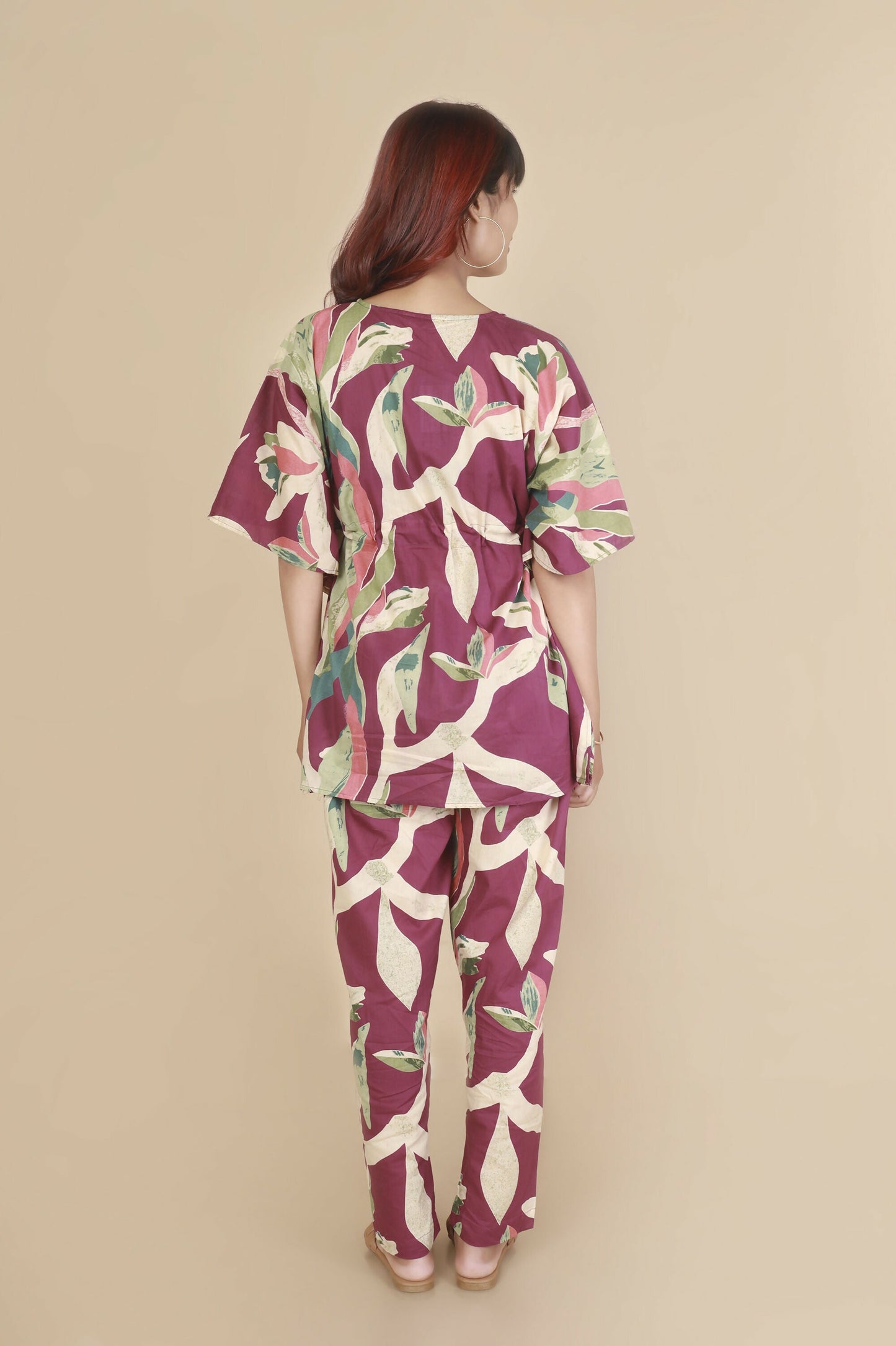 Breathables Women’S Loungewear Kaftan Cotton Wine Abstract Print Co-Ord Set