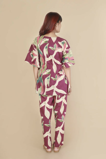 Breathables Women’S Loungewear Kaftan Cotton Wine Abstract Print Co-Ord Set