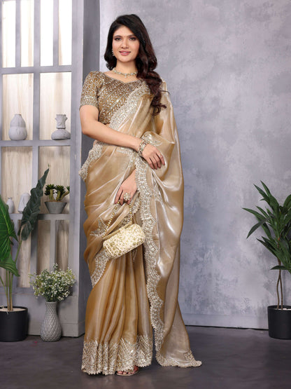 Vastranavya Beige Embroidery Work Shimmer Chiffon Saree with Unstitched Blouse