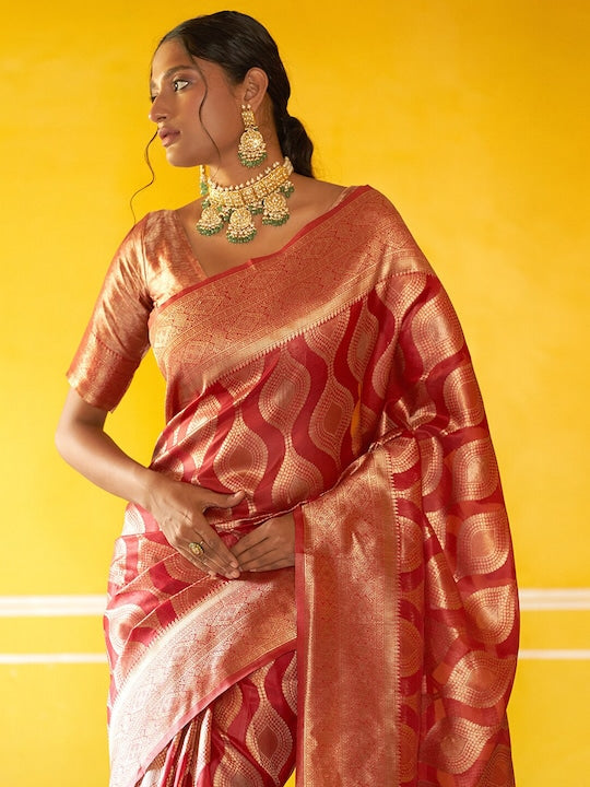 Janasya Red & Gold-Toned Ethnic Motifs Woven Design Zari Organza Kanjeevaram Saree