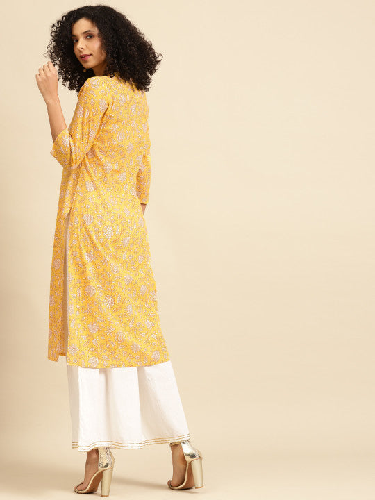 Anayna Women Yellow & White Ethnic Motifs Printed Kurta