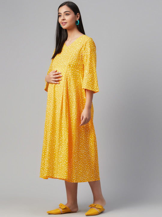 Anayna Women Yellow & White Polka Dots Printed A-Line Maternity Dress