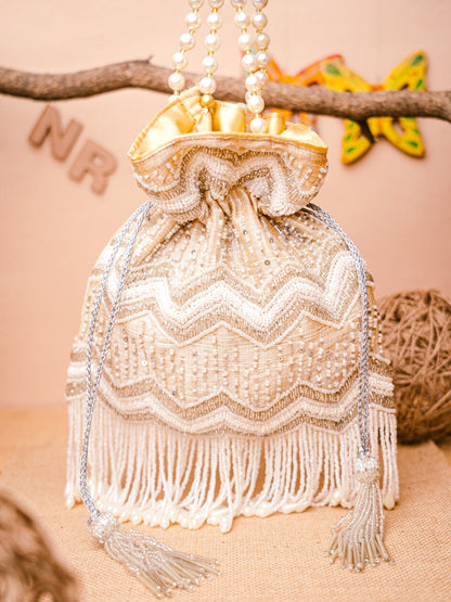 NR By Nidhi Rathi Cream-Coloured & Gold-Toned Embellished Potli Clutch