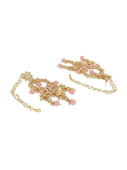 Anikas Creation Pink & Gold-Polished Kundan Contemporary Chandbalis With Ear Chain Earrings