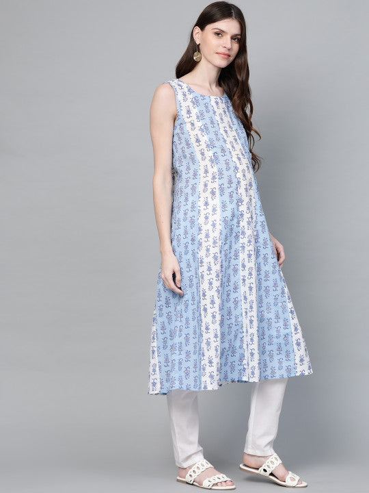 Anayna Women Blue & White Ethnic Motifs Screen Print A-Line Maternity & Nursing Kurta