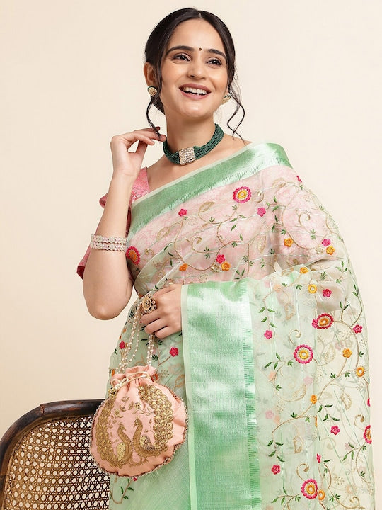 Fabmora Floral Embroidered Organza Saree