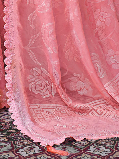 Saree Mall Floral Woven Design Pure Chiffon Beads & Stones Bagru Sarees