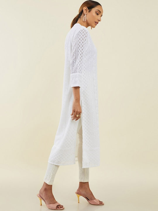 Soch White Ethnic Motifs Embroidered Mandarin Collar Georgette Kurta