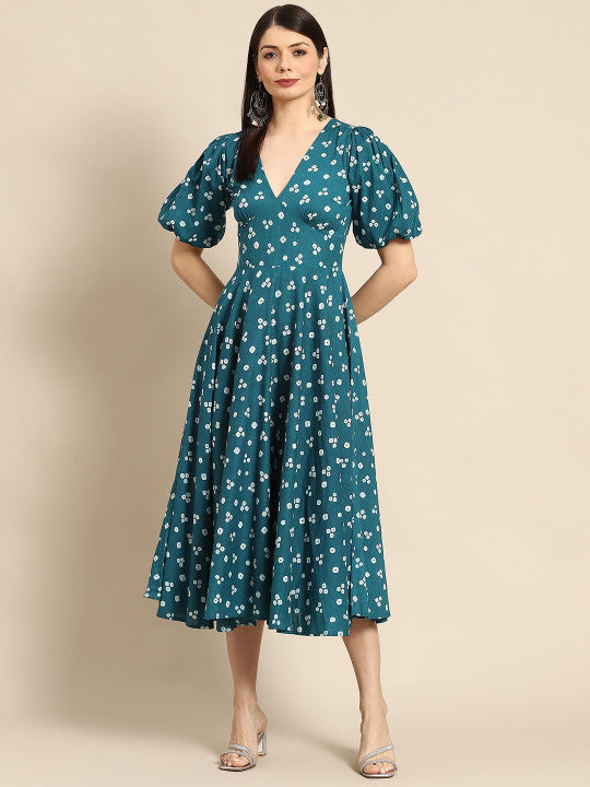 Anayna Teal Green & White Bandhani Printed Pure Cotton A-Line Midi Dress