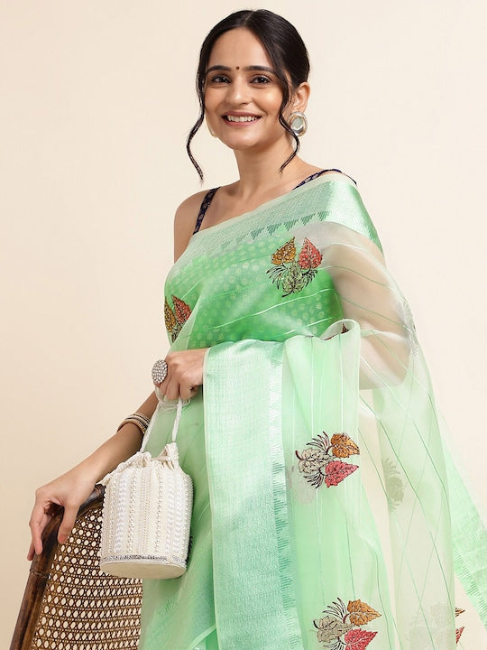 Fabmora Satin Floral Embellished Embroidered Organza Designer Saree