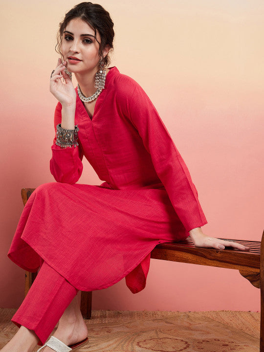 Sangria Pure Cotton V-Neck Pathani Kurta With Trousers