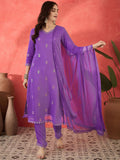 Sangria Floral Embroidered V-Neck Sequinned Straight Kurta Trousers & Dupatta