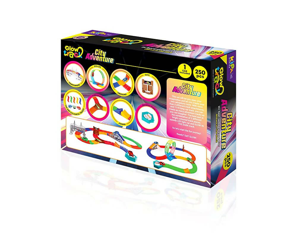 Kipa City Adventure 1 Magic Race car with 249 Bend Flex and Glow Tracks, Plastics brigde,Jumper,Crossing, Gate,Turn Plate, Rotation Plate Set for Kids