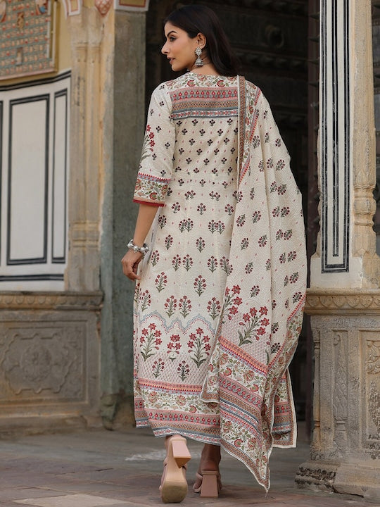 Juniper Beige & Red Floral Printed Cotton Ethnic Dress With Dupatta