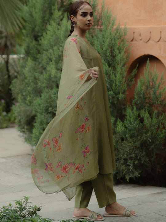 Anayna Round Neck Regular Silk A-Line Kurta with Trousers & Dupatta