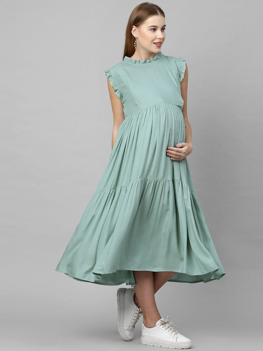 MomToBe Green Maternity A-Line Midi Nursing Dress