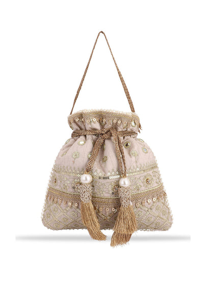 Masq Women Beige & Gold-Toned Embellished Potli