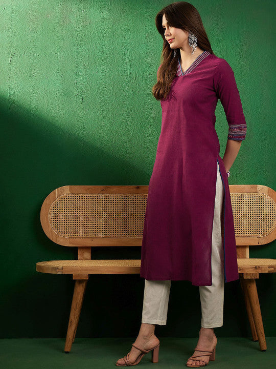 Sangria Burgundy V-Neck Thread Work Pure Cotton Straight Kurta