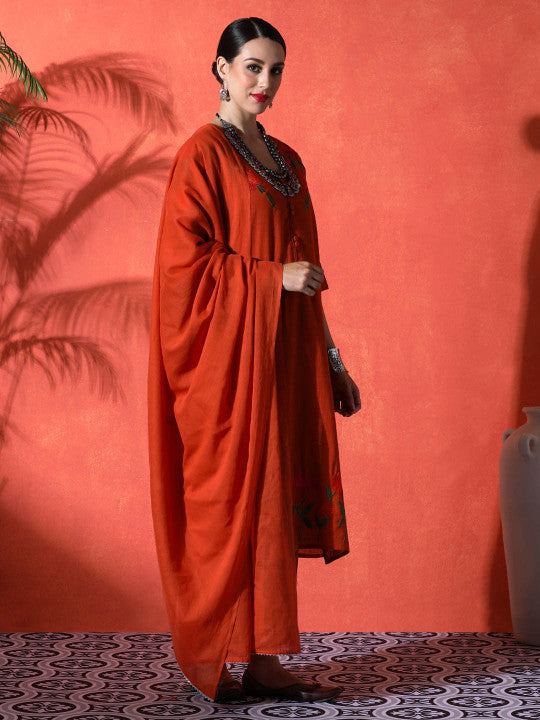 Sangria Embroidered A-Line 100% Cotton Kurta & Trousers Kurta Set