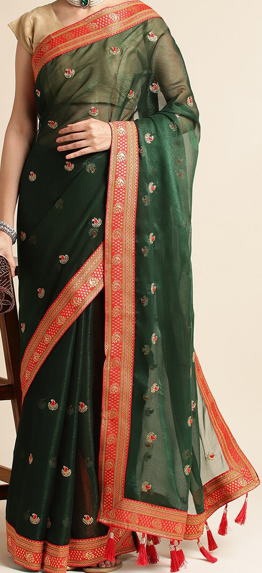 Fabmora Ethnic Motifs Embroidered Net Saree