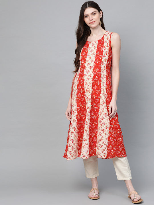 Anayna Women Red & Beige Ethnic Motifs Screen Print A-Line Maternity & Nursing Kurta