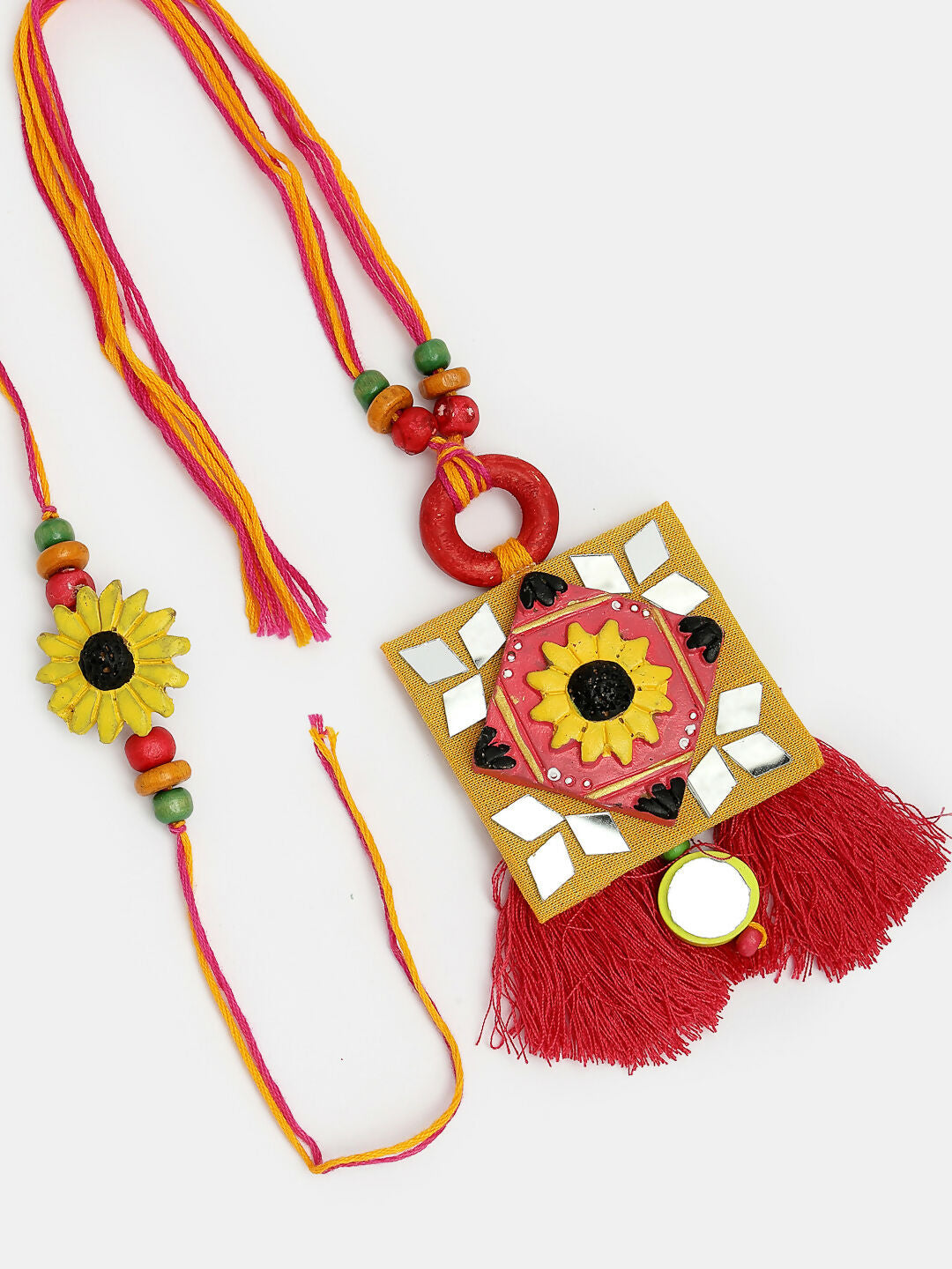 NVR Women & Men Set of 2 Red & Yellow Mirror Work Handcrafted Bhaiya Bhabi Rakhi With Roli Chawal