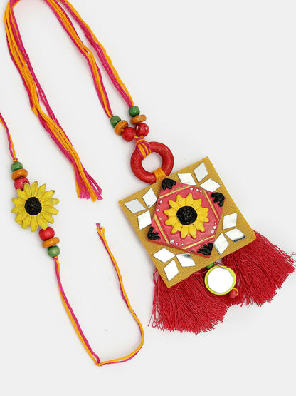 NVR Women & Men Set of 2 Red & Yellow Mirror Work Handcrafted Bhaiya Bhabi Rakhi With Roli Chawal