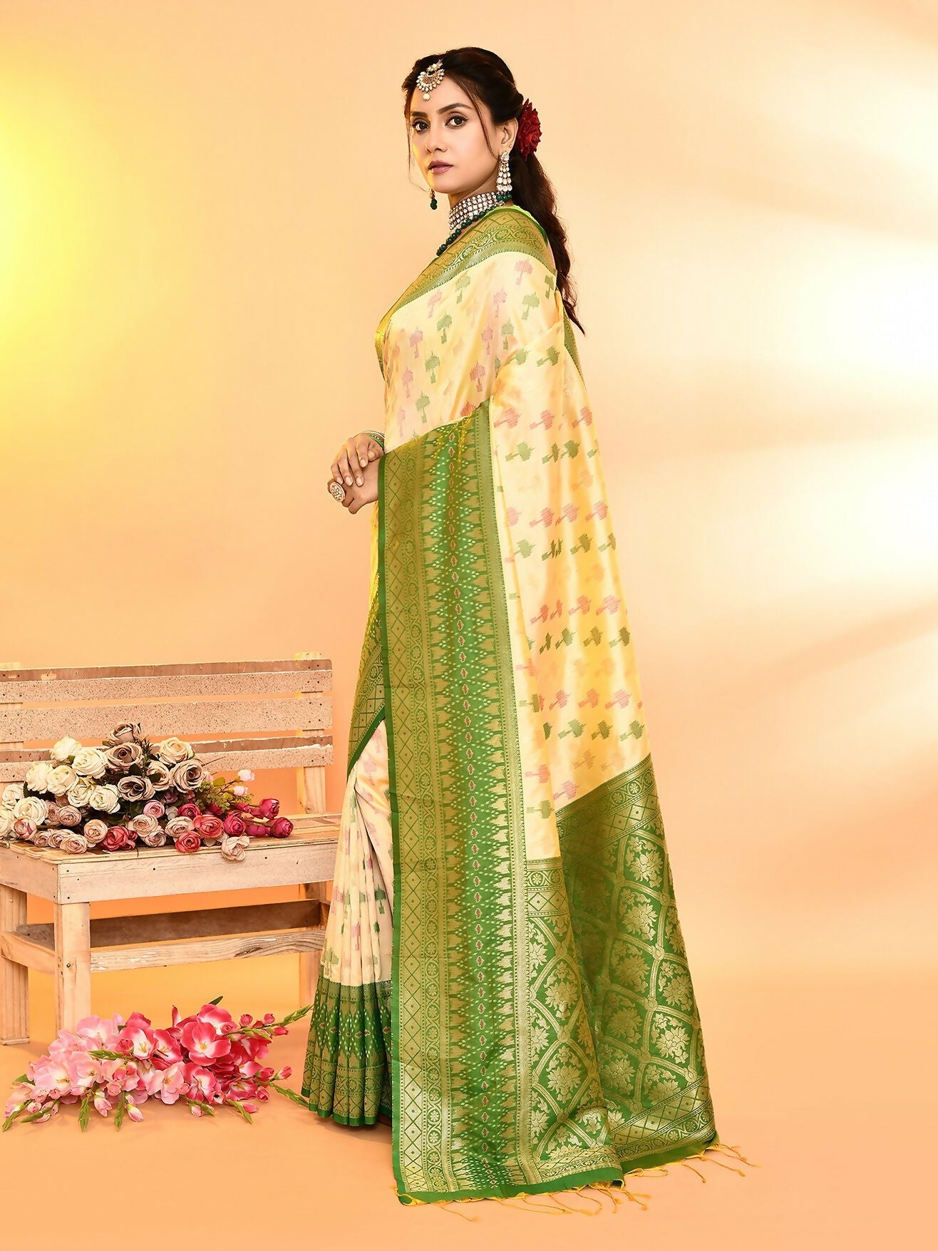 Joban Fashion Light Yellow & Parrot Green Plain With Weaving Border Banarasi Silk Sarees