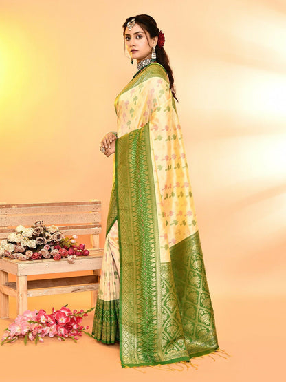 Joban Fashion Light Yellow & Parrot Green Plain With Weaving Border Banarasi Silk Sarees