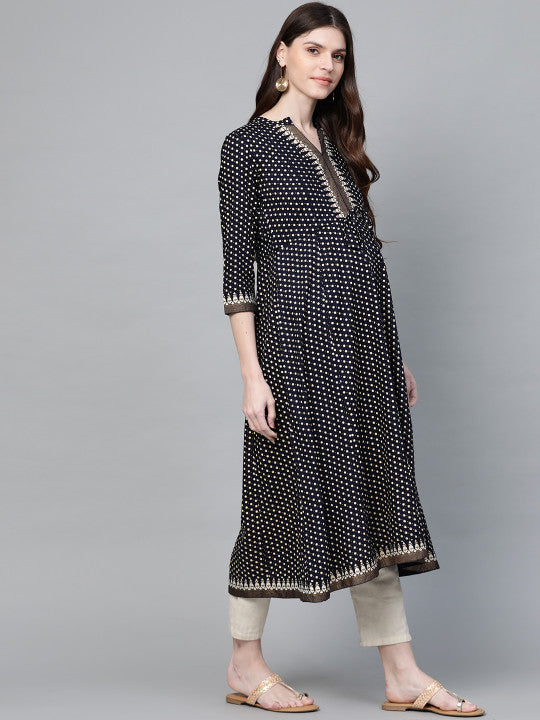 Anayna Women Navy Blue & Golden Ethnic Motifs Block Print A-Line Maternity & Nursing Kurta