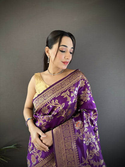 Joban Fashion Purple Floral & Ethnic Motifs Design Soft Silk Meenakari Banarasi Saree