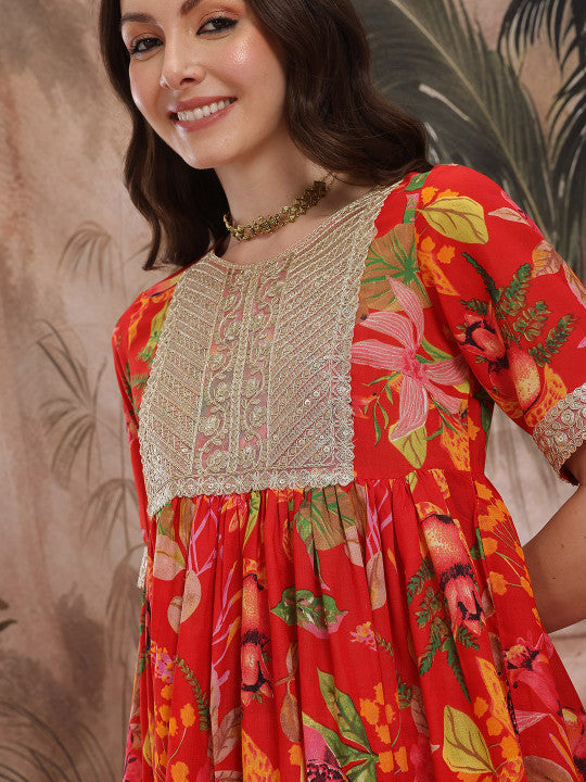 Sangria Women Floral Printed Pleated Kurta with Sharara & With Dupatta