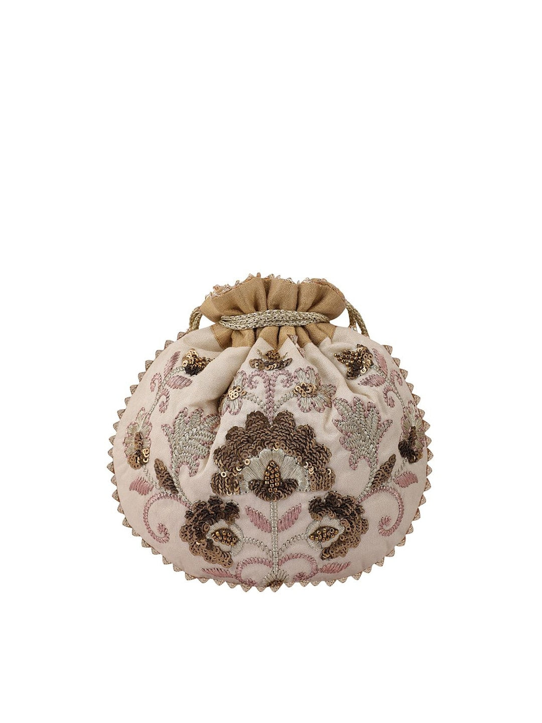 Masq Beige & Brown Embellished Embroidered Potli Clutch