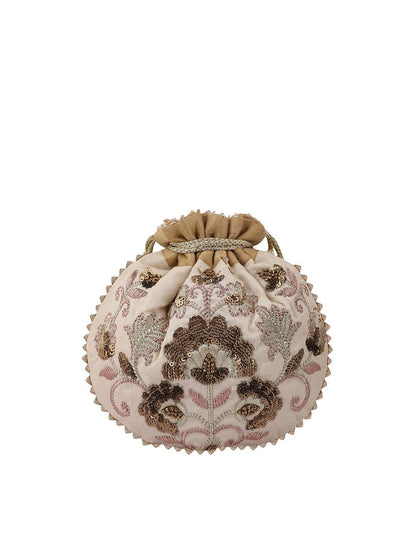 Masq Beige & Brown Embellished Embroidered Potli Clutch