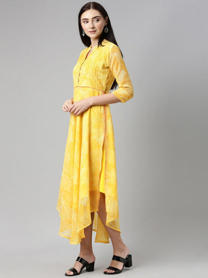 Souchii Yellow Floral Chiffon Midi Dress