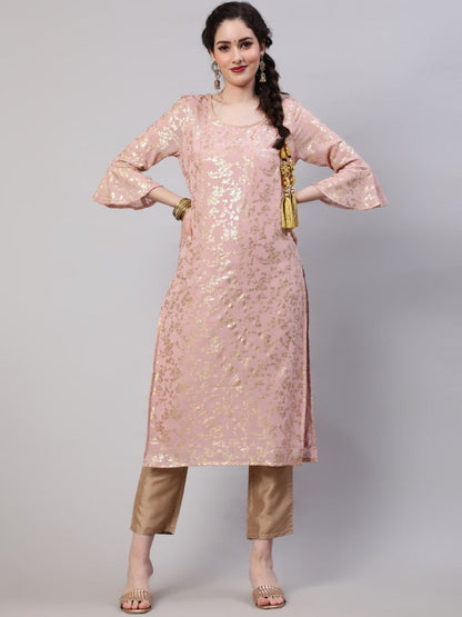 Aks Floral Printed Bell Sleeves Regular Kurta With Trousers